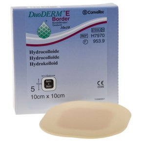 Hydrokolloid bandage, DuoDERM E Border, 10x10cm, med h�ftekant, latexfri, steril, engangs *Denne vare tages ikke retur*