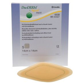 Hydrokolloid bandage, DuoDERM Signal, 14x14cm, m/affaset kant, latexfri, steril, engangs *Denne vare tages ikke retur*
