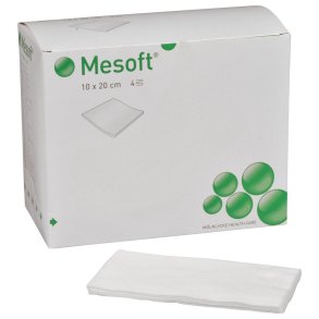 Nonwoven kompres, Mesoft, 4-lags, 20x10cm, hvid, 5 stk./pouch, steril *Denne vare tages ikke retur*