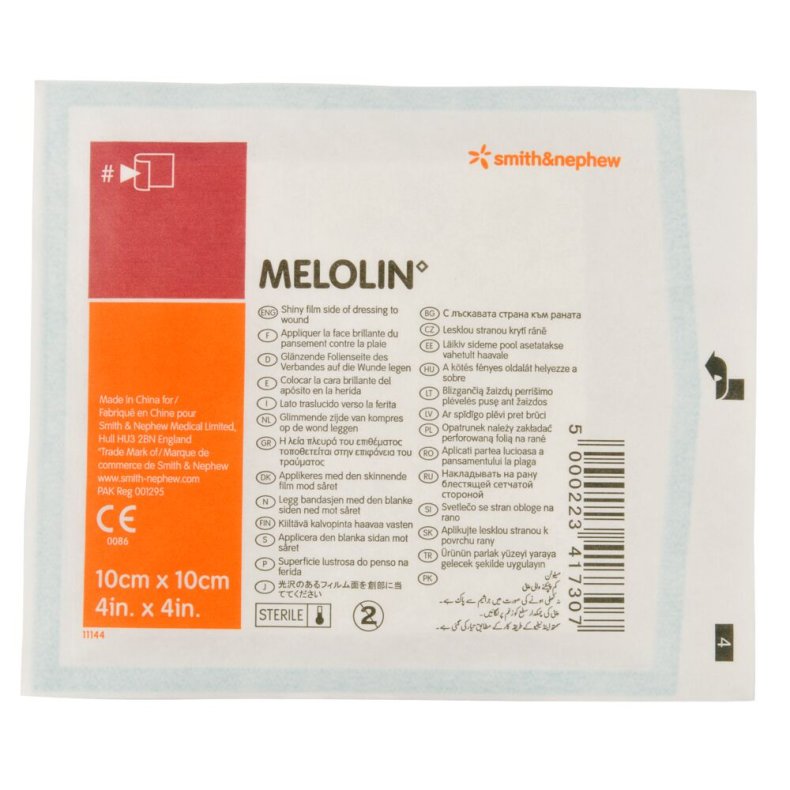 Kompres, absorberende, Melolin, 10x10cm, hvid, uden kl�ber, latexfri, steril *Denne vare tages ikke retur*