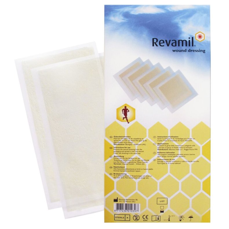 Netforbinding, Revamil, 20x10cm, beige, honningimpr�gneret med 100% ren medicinsk honning, steril, engangs *Denne vare tages ikke retur*