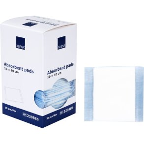 Bandage, absorberende, ABENA, 10x10cm, hvid, m/bl� bagside, latexfri, usteril