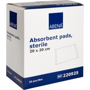 Bandage, absorberende, ABENA, 20x20cm, hvid, m/bl� bagside, latexfri, steril *Denne vare tages ikke retur*