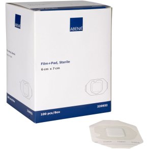 Filmforbinding, ABENA, 6x7cm, hvid, med s�rpude, latexfri, steril, engangs *Denne vare tages ikke retur*