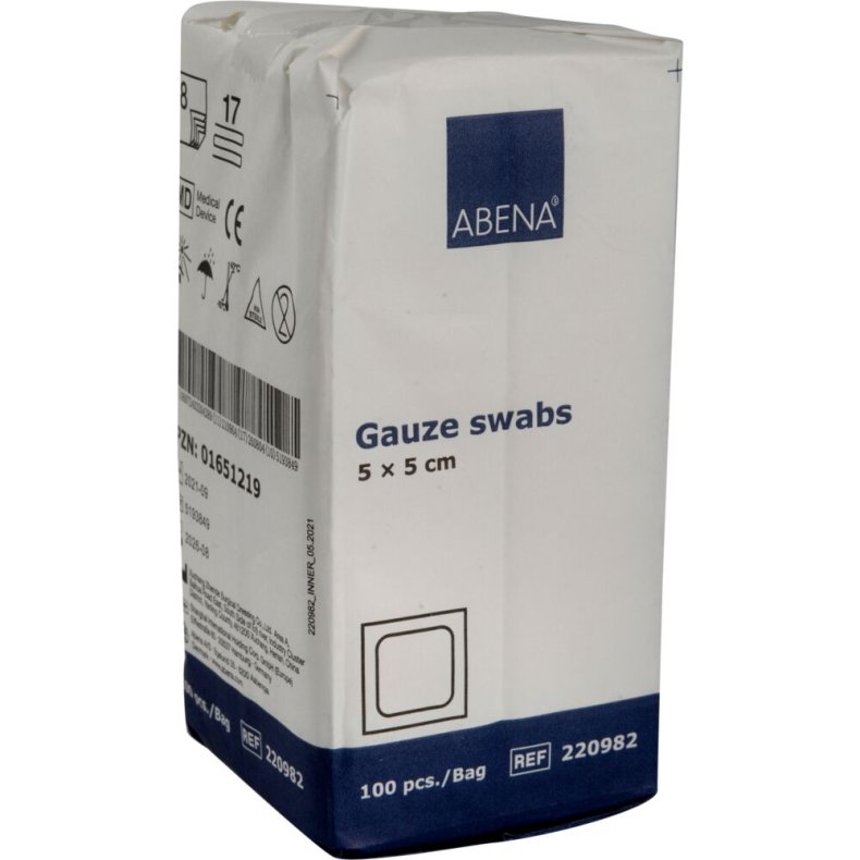 Gazekompres, ABENA, 8-lags, 5x5cm, hvid, 17-tr�ds, latexfri, usteril