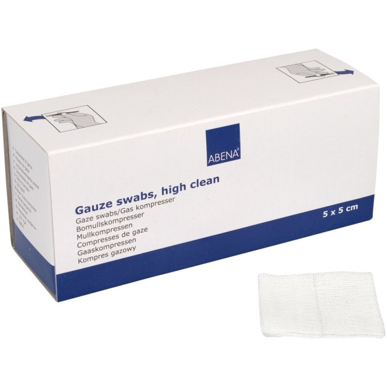 Gazekompres, ABENA, 8-lags, 5x5cm, hvid, high clean, 17-tr�ds, latexfri, usteril