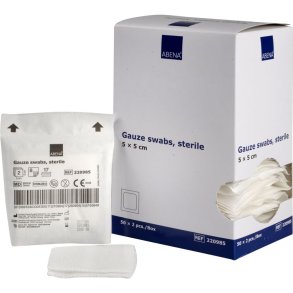 Gazekompres, ABENA, 8-lags, 5x5cm, hvid, 17-tr�ds, 2 stk./pouch, latexfri, steril *Denne vare tages ikke retur*