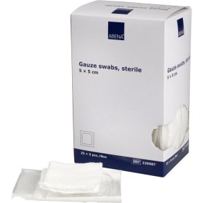 Gazekompres, ABENA, 8-lags, 5x5cm, hvid, 17-tr�ds, 5 stk./pouch, latexfri, steril *Denne vare tages ikke retur*