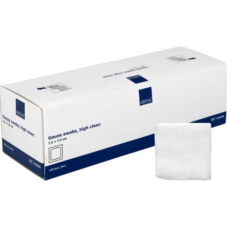 Gazekompres, ABENA, 8-lags, 7,5x7,5cm, hvid, high clean, 17-tr�ds, latexfri, usteril