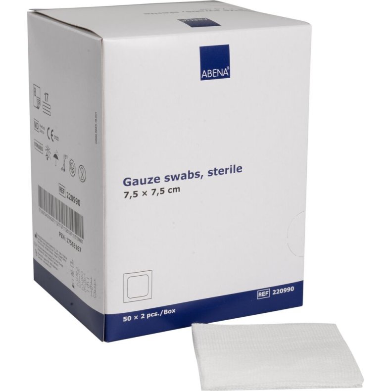 Gazekompres, ABENA, 8-lags, 7,5x7,5cm, hvid, 17-tr�ds, 2 stk./pouch, latexfri, steril *Denne vare tages ikke retur*