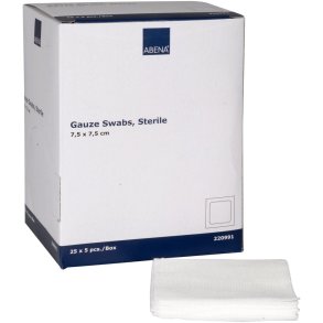 Gazekompres, ABENA, 8-lags, 7,5x7,5cm, hvid, 17-tr�ds, 5 stk./pouch, latexfri, steril *Denne vare tages ikke retur*