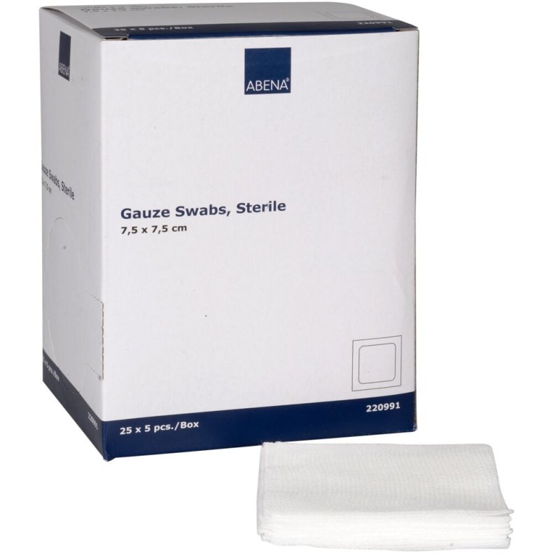 Gazekompres, ABENA, 8-lags, 7,5x7,5cm, hvid, 17-tr�ds, 5 stk./pouch, latexfri, steril *Denne vare tages ikke retur*