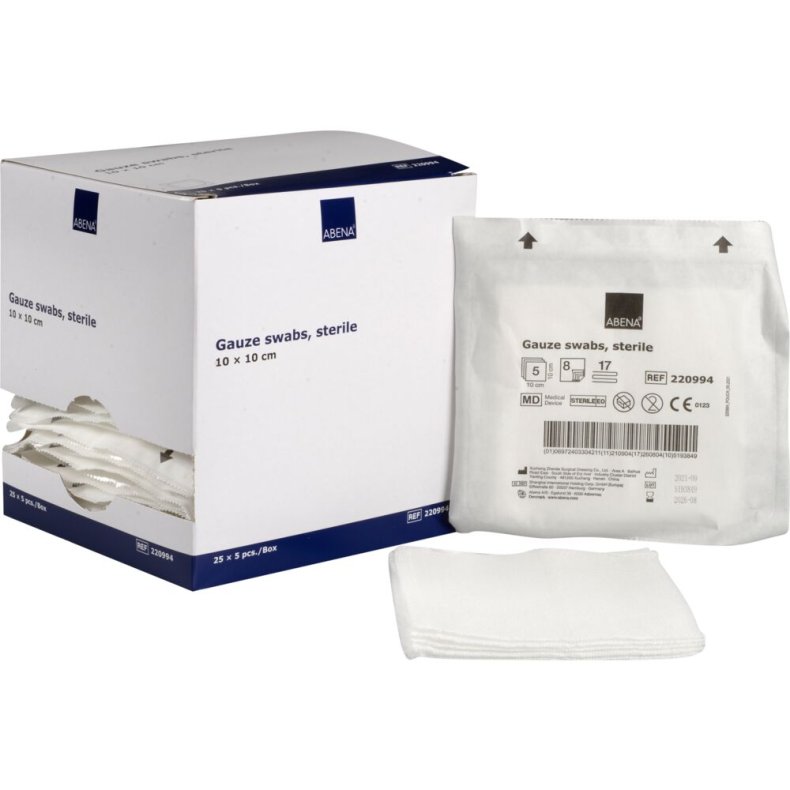 Gazekompres, ABENA, 8-lags, 10x10cm, hvid, 17-tr�ds, 5 stk./pouch, latexfri, steril *Denne vare tages ikke retur*