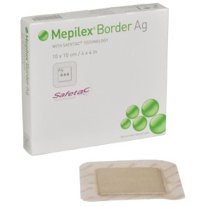 S�lvbandage, Mepilex Border Ag, 10x10cm, silikonekontaktlag og silikonekl�b, latexfri, steril, engangs *Denne vare tages ikke retur*