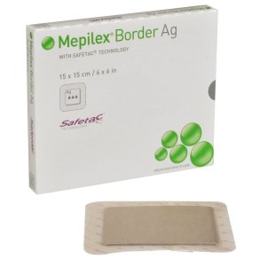 S�lvbandage, Mepilex Border Ag, 15x15cm, silikonekontaktlag og silikonekl�b, latexfri, steril, engangs *Denne vare tages ikke retur*