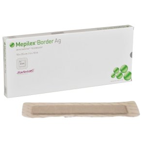 S�lvbandage, Mepilex Border Ag, 25x10cm, silikonekontaktlag og silikonekl�b, latexfri, steril, engangs *Denne vare tages ikke retur*