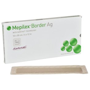 S�lvbandage, Mepilex Border Ag, 30x10cm, silikonekontaktlag og silikonekl�b, latexfri, steril, engangs *Denne vare tages ikke retur*
