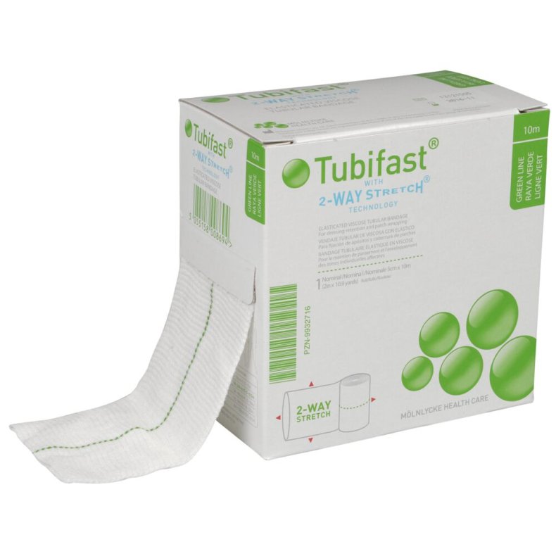 Tubular bandage, Tubifast 2-Way Stretch, 10m x 5cm, hvid, gr�n farvekode, til sm� og mellemstore arme og ben, latexfri, usteril, �n patient, flergangsbrug