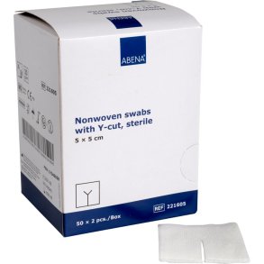 Slidskompres, ABENA, 4-lags, 5x5cm, hvid, med Y-slids, 2 stk./pouch, latexfri, steril *Denne vare tages ikke retur*