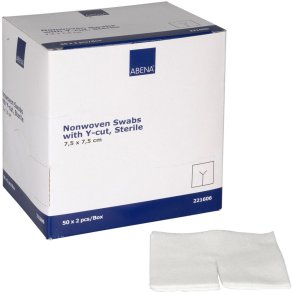 Slidskompres, ABENA, 4-lags, 7,5x7,5cm, hvid, med Y-slids, 2 stk./pouch, latexfri, steril *Denne vare tages ikke retur*
