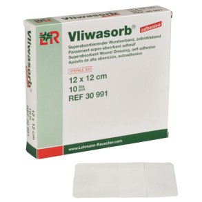 Superabsorberende bandage, Vliwasorb Adhesive, 12x12cm, med kl�bekant, latexfri, steril, engangs *Denne vare tages ikke retur*