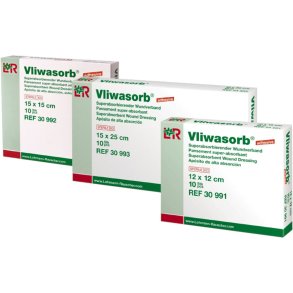 Superabsorberende bandage, Vliwasorb Adhesive, 15x15cm, med kl�bekant, latexfri, steril, engangs *Denne vare tages ikke retur*