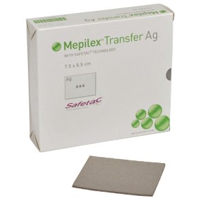 S�lvbandage, Mepilex Transfer Ag, 8,5x7,5cm, gr�, m/silikonekontaktlag, u/kl�b, latexfri, steril, engangs *Denne vare tages ikke retur*