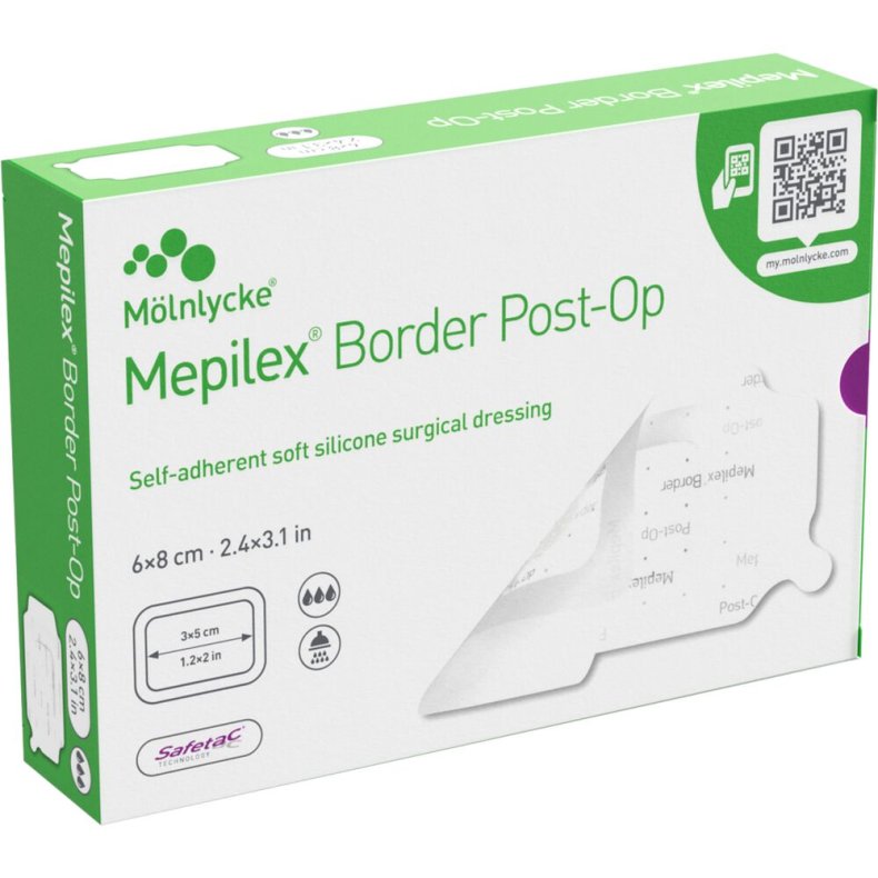 Post-OP forbinding, Mepilex Border Post-Op, 8x6cm, hvid, latexfri, steril, engangs *Denne vare tages ikke retur*