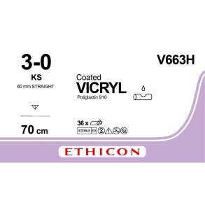 Sutur, Vicryl, 70cm, 3-0, lige n�l, KS 60mm, ufarvet, multifil resorberbar sutur, V663H, steril *Denne vare tages ikke retur*