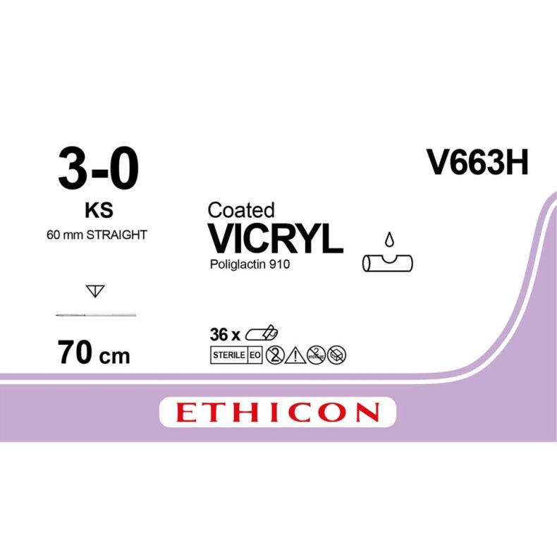 Sutur, Vicryl, 70cm, 3-0, lige n�l, KS 60mm, ufarvet, multifil resorberbar sutur, V663H, steril *Denne vare tages ikke retur*