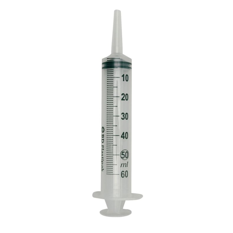 Spr�jte, BD Plastipak, transparent, 50/60 ml, med lige kateterspids, centreret, 3 komponent, steril, engangs *Denne vare tages ikke retur*
