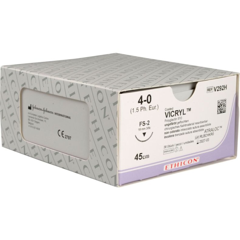 Sutur, Vicryl, 45cm, 4-0, FS-2 n�l, ufarvet, multifil resorberbar, V292H, steril *Denne vare tages ikke retur*