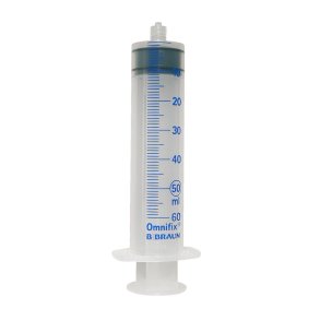 Spr�jte, Omnifix Solo, transparent, 50/60 ml, luer lock, centreret, 3 komponent, steril *Denne vare tages ikke retur*