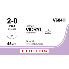 Sutur, Vicryl, 45cm, 2-0, PS-1 n�l, ufarvet, multifil resorberbar sutur, V684H, steril *Denne vare tages ikke retur*