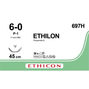 Sutur, Ethilon II, 45cm, sort, PA, 6-0, p-1 n�l, monofil, 697H, steril *Denne vare tages ikke retur*