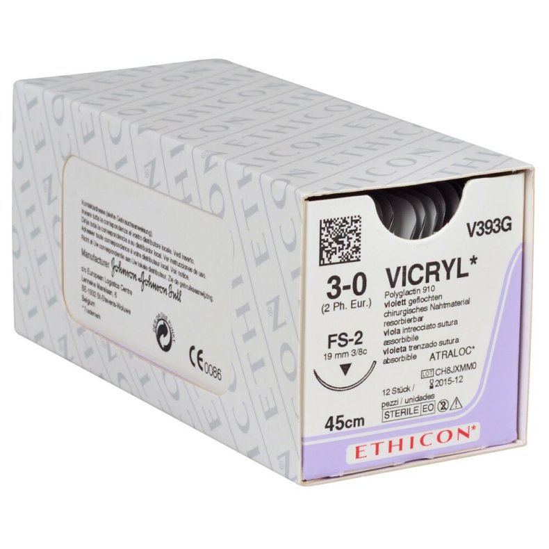 Sutur, Vicryl, 45cm, violet, 3-0, FS-2 n�l, multifil resorberbar, V393G, steril *Denne vare tages ikke retur*