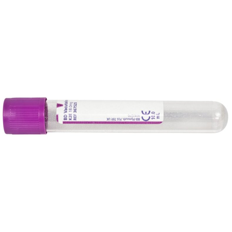 Blodpr�vetagningsglas, K2EDTA, BD Vacutainer, 10 ml, m�rklilla, plast, m/Hemogard lukning *Denne vare tages ikke retur*