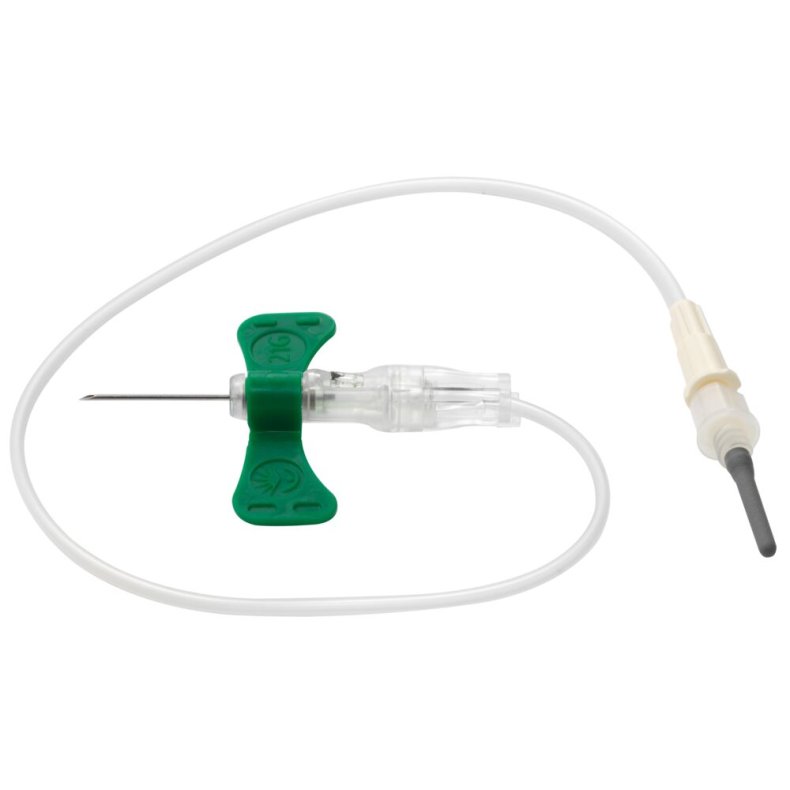 Blodpr�vetagningskanyle, BD Push Button, gr�n, 21G, 13x75mm, 30,5cm slange m/luer-adapter, steril *Denne vare tages ikke retur*