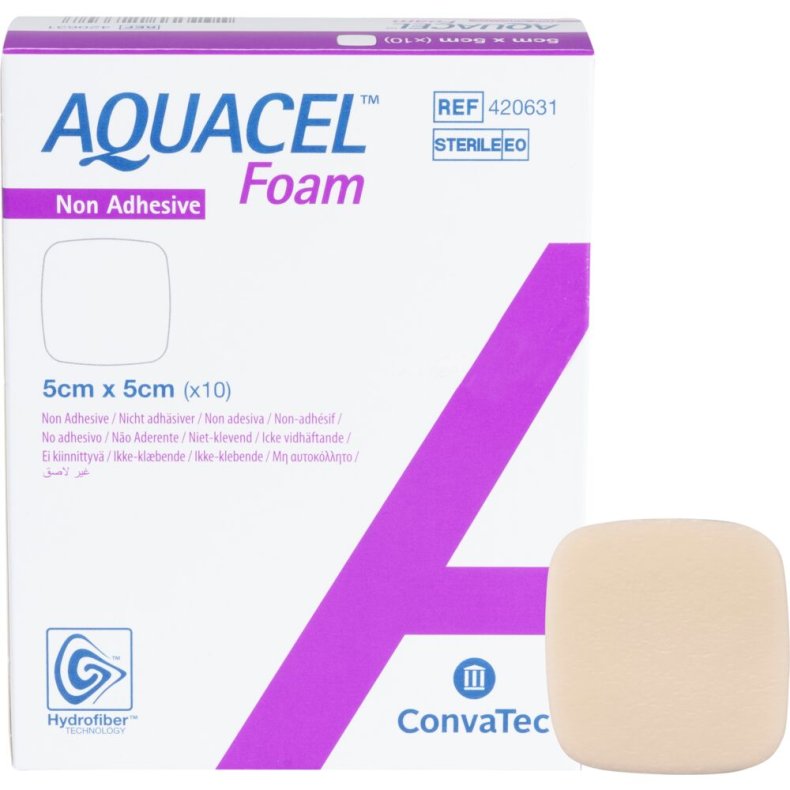 Skumbandage, Aquacel Foam, 5x5cm, m/fiberkontaktlag, u/kl�b, latexfri, steril, engangs *Denne vare tages ikke retur*