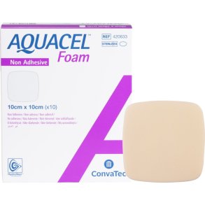 Skumbandage, Aquacel Foam, 10x10cm, m/fiberkontaktlag, u/kl�b, latexfri, steril, engangs *Denne vare tages ikke retur*