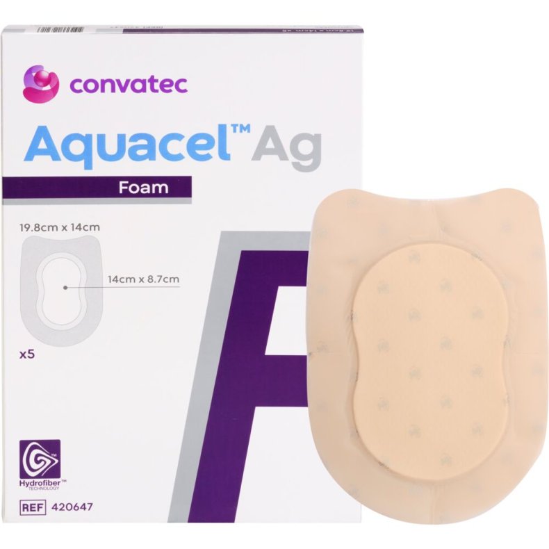 S�lvbandage, Aquacel Ag Foam, 14x19,8cm, til h�l, m/fiberkontaktlag og silikonekl�b, latexfri, steril, engangs *Denne vare tages ikke retur*