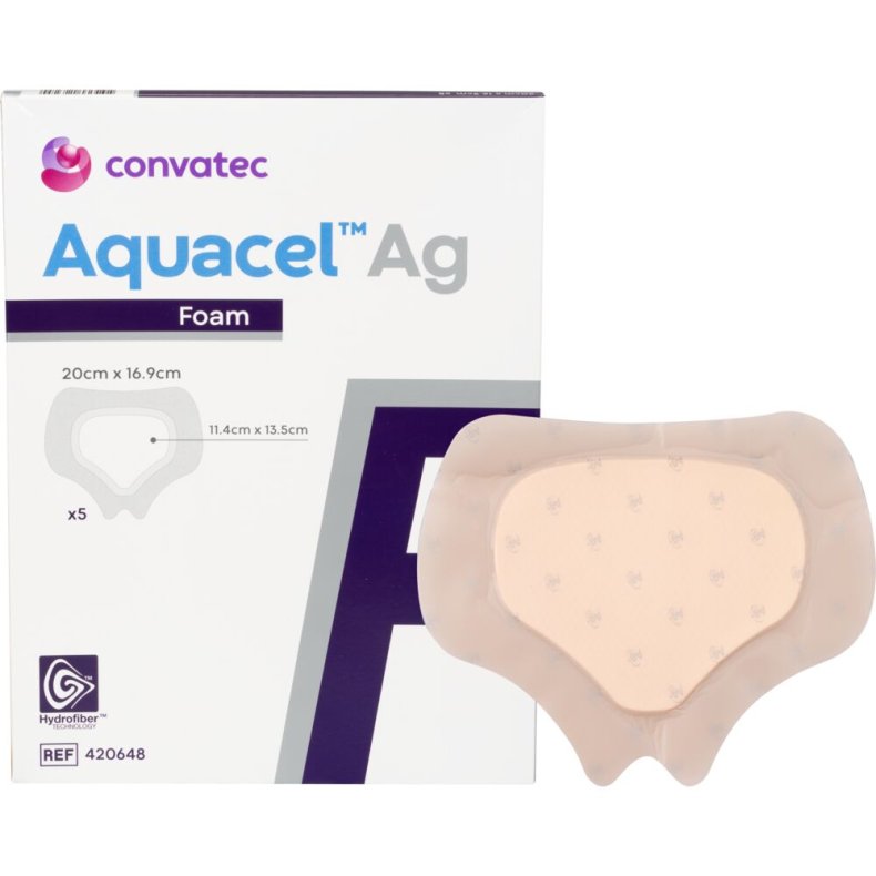 S�lvbandage, Aquacel Ag Foam, 16,9x20cm, sacrum, m/fiberkontaktlag og silikonekl�b, latexfri, steril, engangs *Denne vare tages ikke retur*