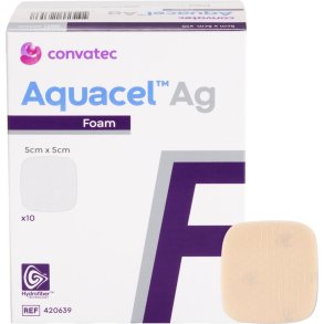 S�lvbandage, Aquacel Ag Foam, 5x5cm, m/fiberkontaktlag, u/kl�b, latexfri, steril, engangs *Denne vare tages ikke retur*
