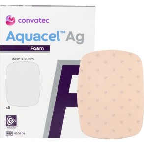 S�lvbandage, Aquacel Ag Foam, 20x15cm, m/fiberkontaktlag, u/kl�b, latexfri, steril, engangs *Denne vare tages ikke retur*