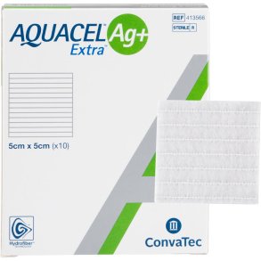S�lvbandage, Aquacel Ag+ Extra, 5x5cm, u/kl�ber, latexfri, steril, engangs *Denne vare tages ikke retur*