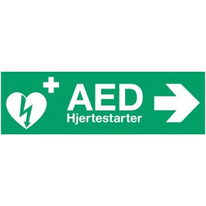 Skilt, 29,7x10,5cm, gr�n, plast, med tekst: AED hjertestarter *Denne vare tages ikke retur*