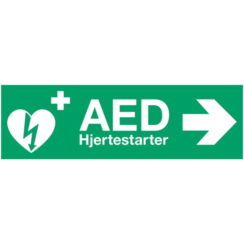 Skilt, 29,7x10,5cm, gr�n, plast, med tekst: AED hjertestarter *Denne vare tages ikke retur*