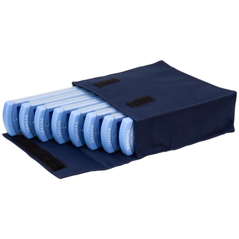 Doserings�ske, Medinizer, bl�, 7+1 dag, bl� nylontaske, medicinkort, Morgen, Middag, Aften, Nat