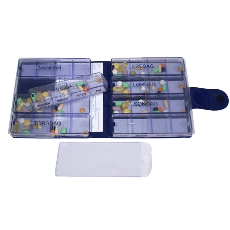 Doserings�ske, Medimax, transparent, uges�t og 1 blank i bl�t etui, incl. medicinkort. Morgen, Middag, Aften, Nat