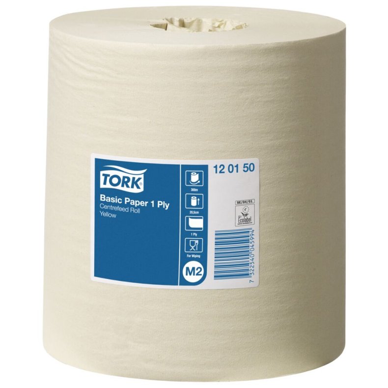 H�ndkl�derulle, Tork M2 Basic, 1-lags, Midi, 300m x 20,5cm, �19cm, gul, genanvendt papir, uden hylse